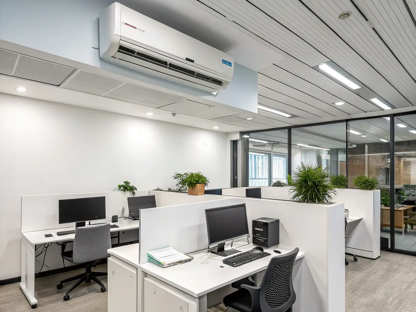 A modern, energy-efficient air conditioning unit installed in an office space, providing comfortable and eco-friendly cooling.