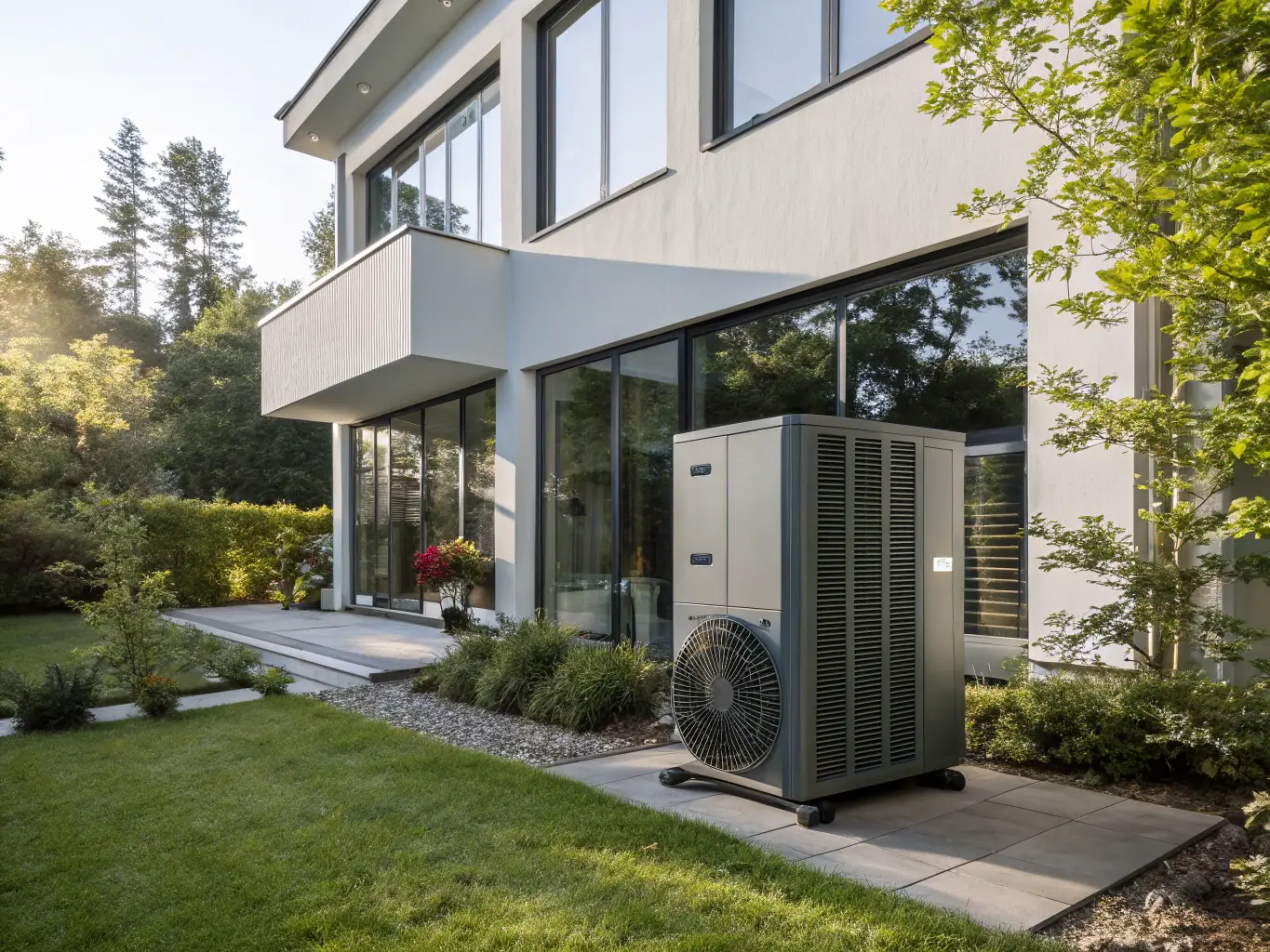 A modern heat pump installed in a residential home, showcasing its sleek design and energy efficiency. The background includes a well-maintained garden, emphasizing the eco-friendly aspect.