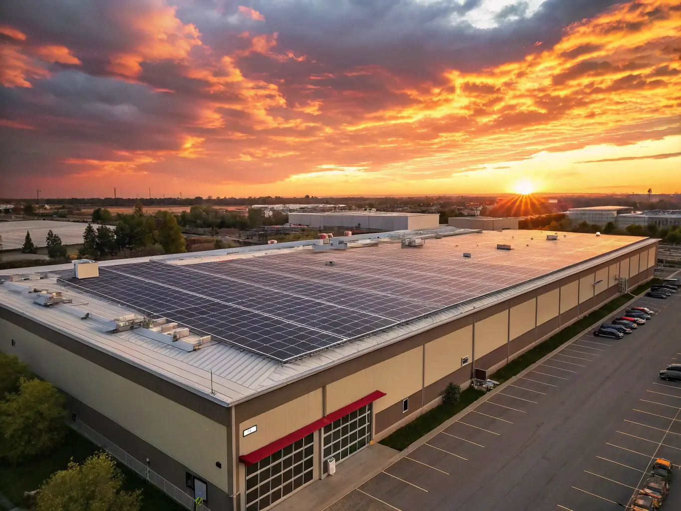 A rooftop solar panel installation on a commercial building, capturing sunlight and converting it into clean energy. The sky is clear and blue, symbolizing the potential of solar power.